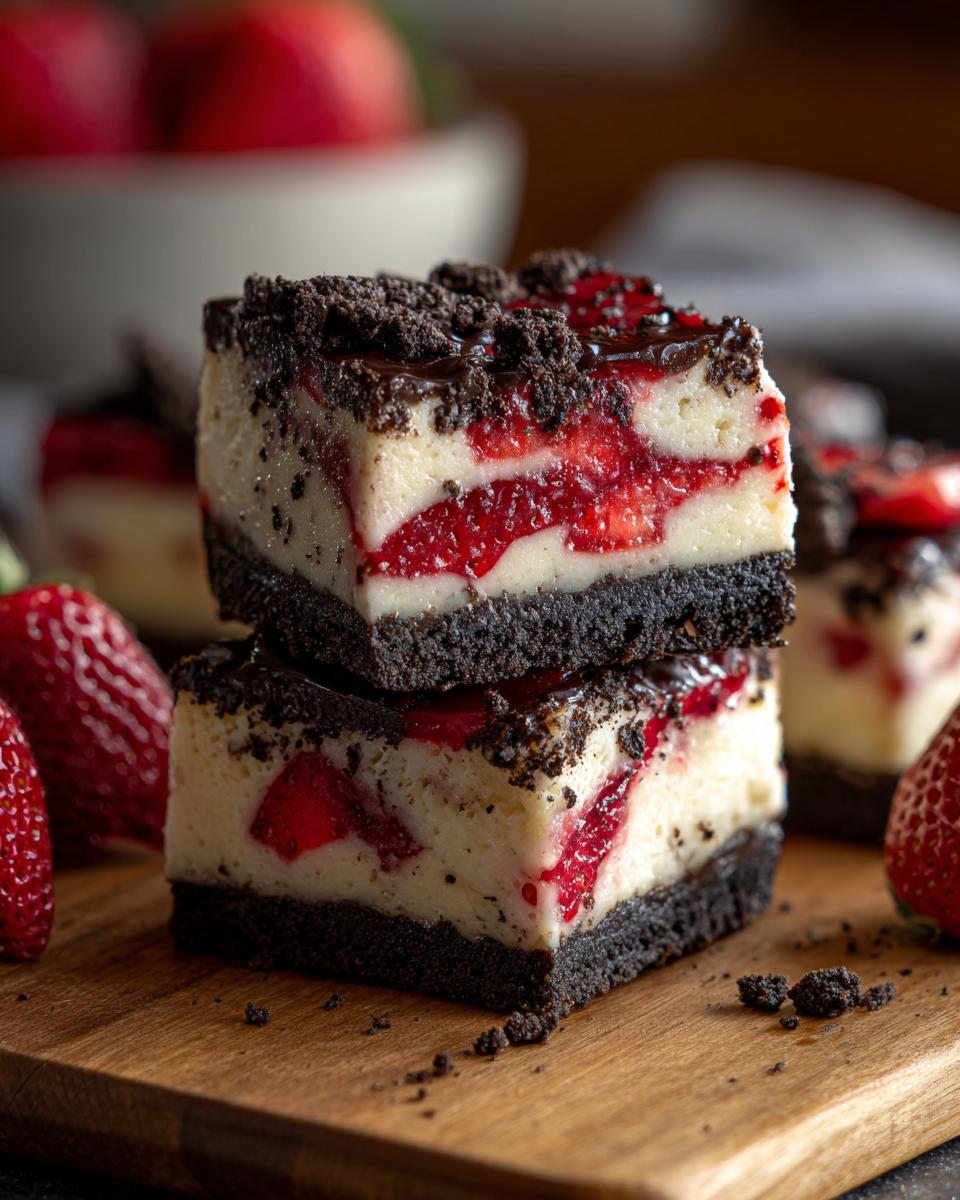 Twee gestapelde cheesecake bars met aardbeien, Oreo kruimels en een chocoladetopping.