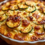 Close-up of a golden-brown Cheesy Loaded Zucchini Bake with visible zucchini slices and melted cheese.