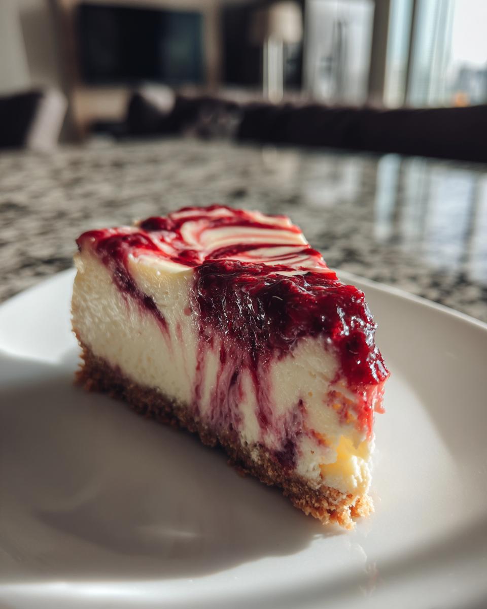 A slice of Cheesy Loaded Zucchini Bake with a berry swirl topping on a white plate.