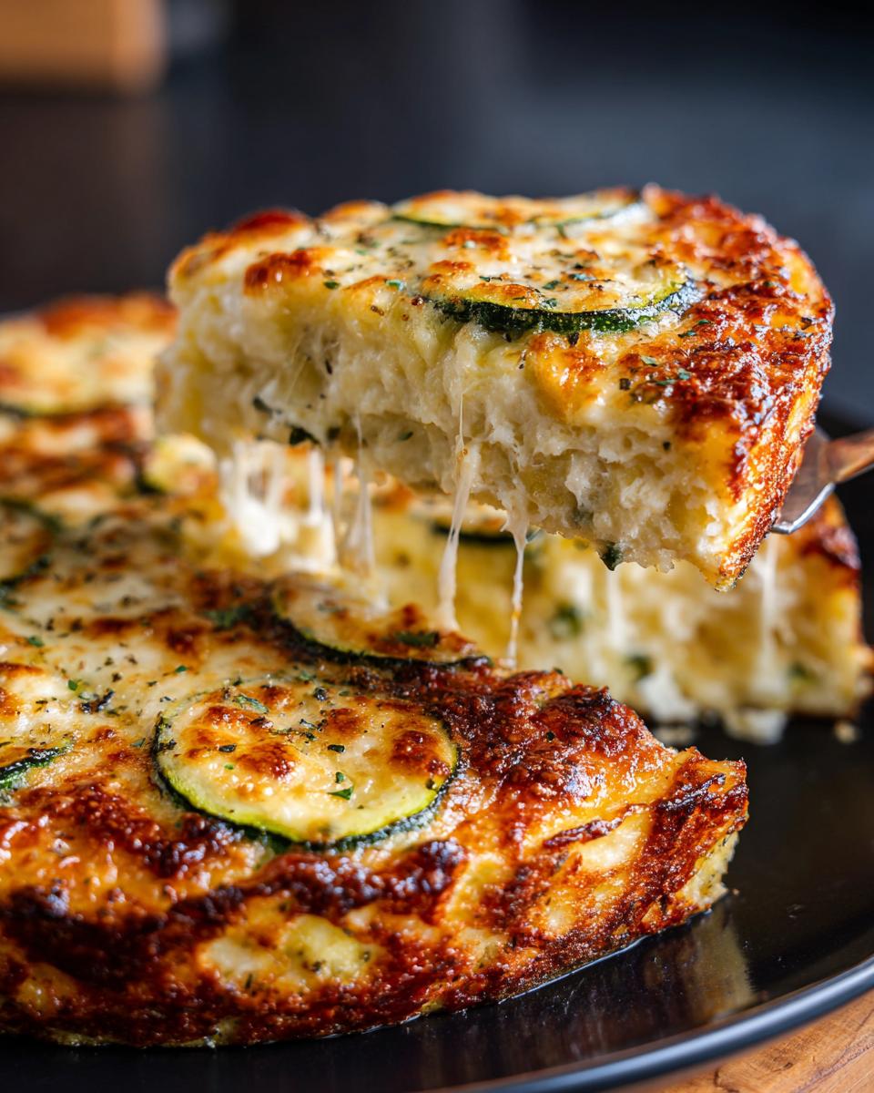 A slice of Cheesy Loaded Zucchini Bake being lifted, showing gooey melted cheese and zucchini slices.