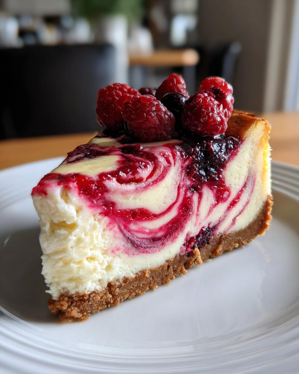 A slice of Cheesy Loaded Zucchini Bake topped with fresh raspberries and blueberries.