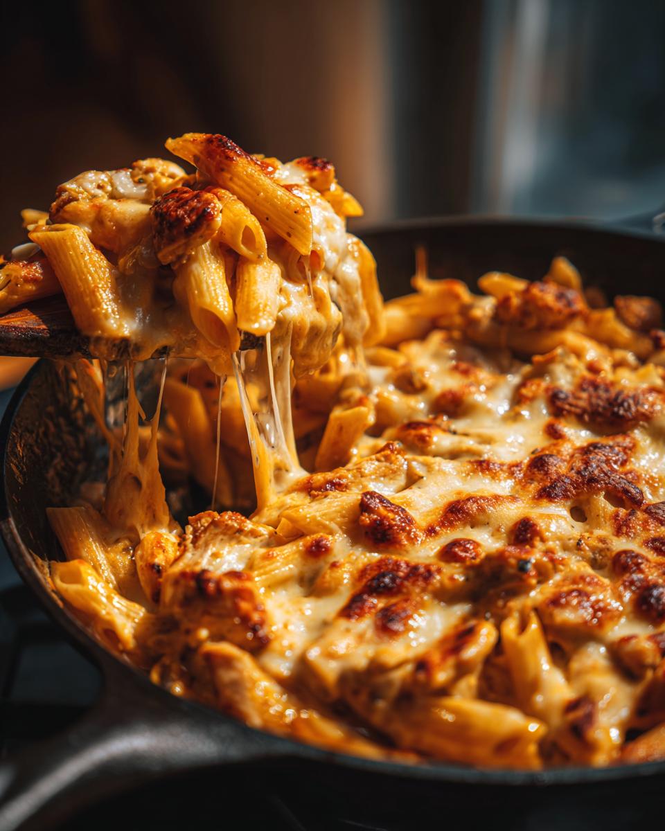 Een lepel vol Cheesy Queso Chicken Penne Skillet met langzaam smeltende kaas, uit een gietijzeren pan.