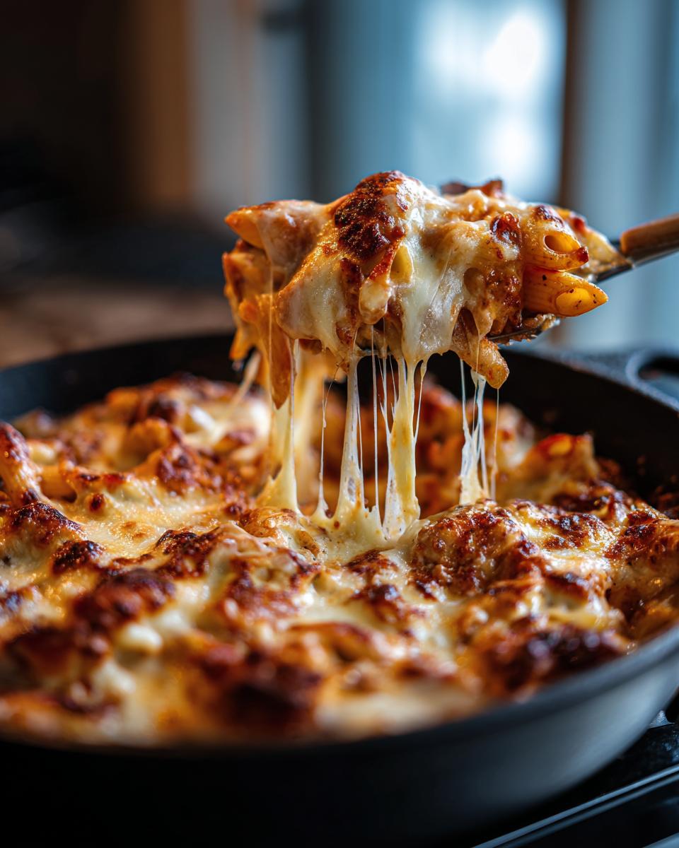 Een lepel met Cheesy Queso Chicken Penne Skillet, met lange draden gesmolten kaas die eruit trekken.