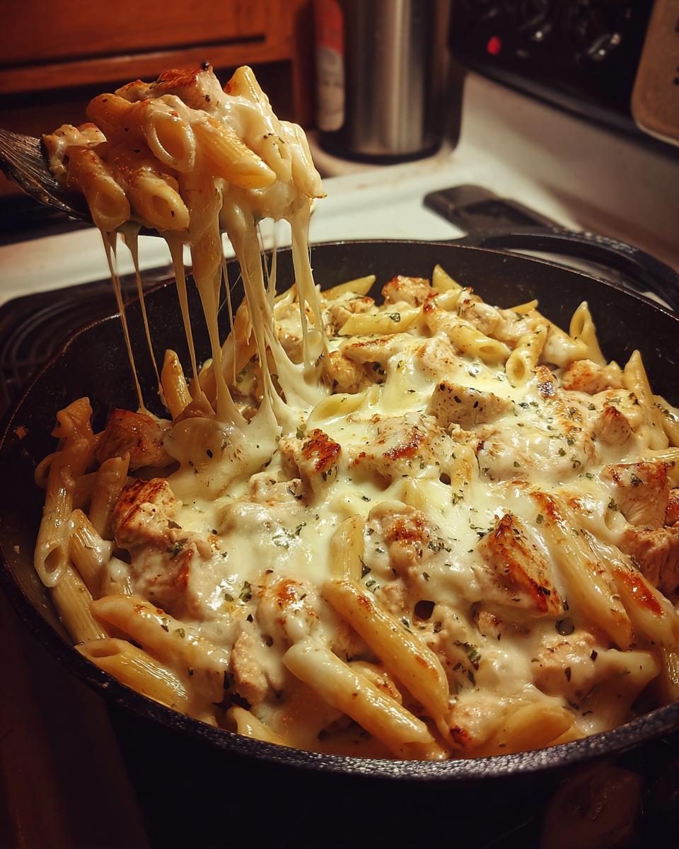 Een schep vol Cheesy Queso Chicken Penne Skillet met lange draden gesmolten kaas, kip en penne pasta.