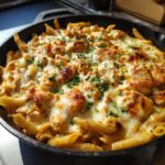 Close-up of Cheesy Queso Chicken Penne Skillet in a cast iron pan, topped with melted cheese and parsley.