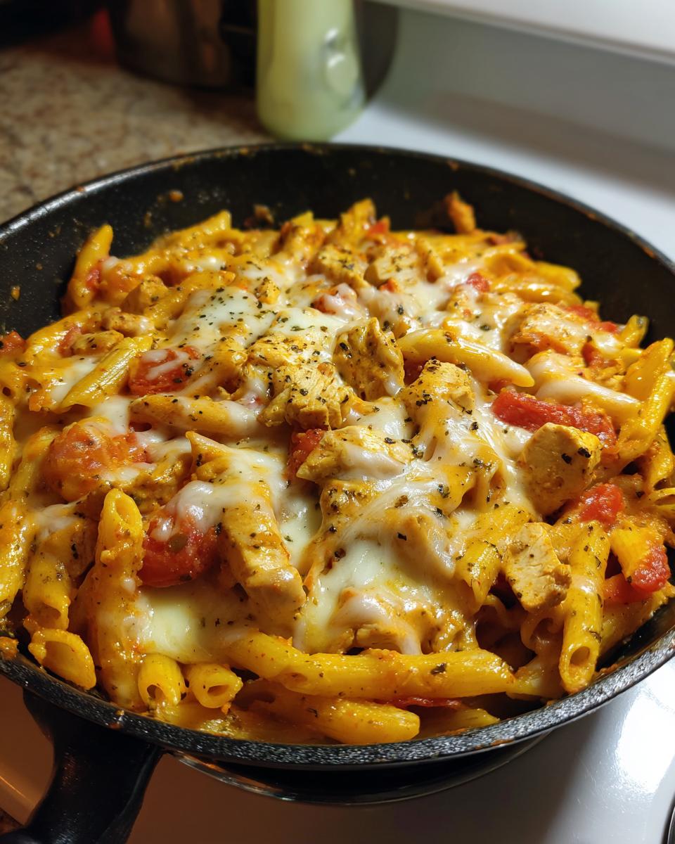 Close-up van Cheesy Queso Chicken Penne Skillet met gesmolten kaas en stukjes kip in een pan.