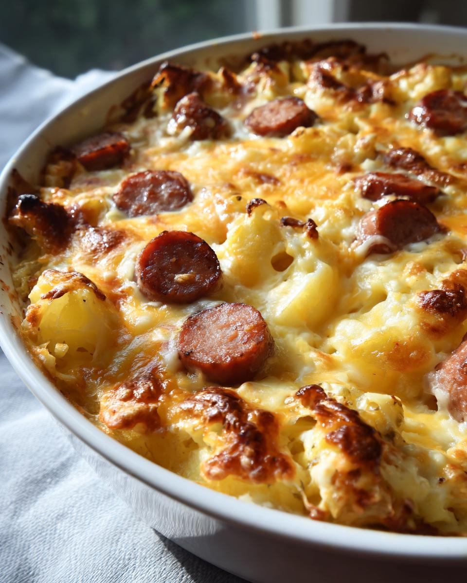 Gouden gebakken Cheesy Sausage Comfort Casserole met plakjes worst en gesmolten kaas.