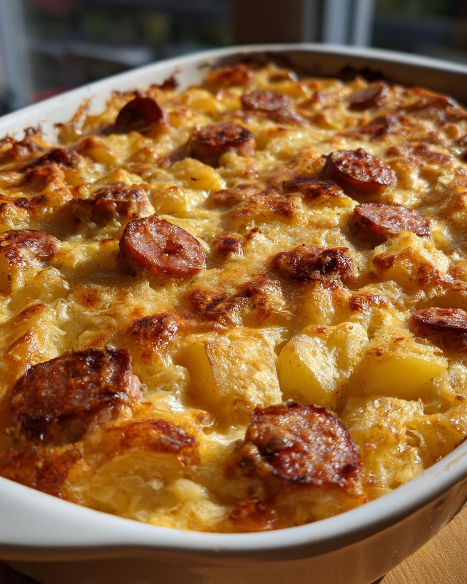 Gouden, gebakken Cheesy Sausage Comfort Casserole met aardappelen en worstjes in een witte ovenschotel.