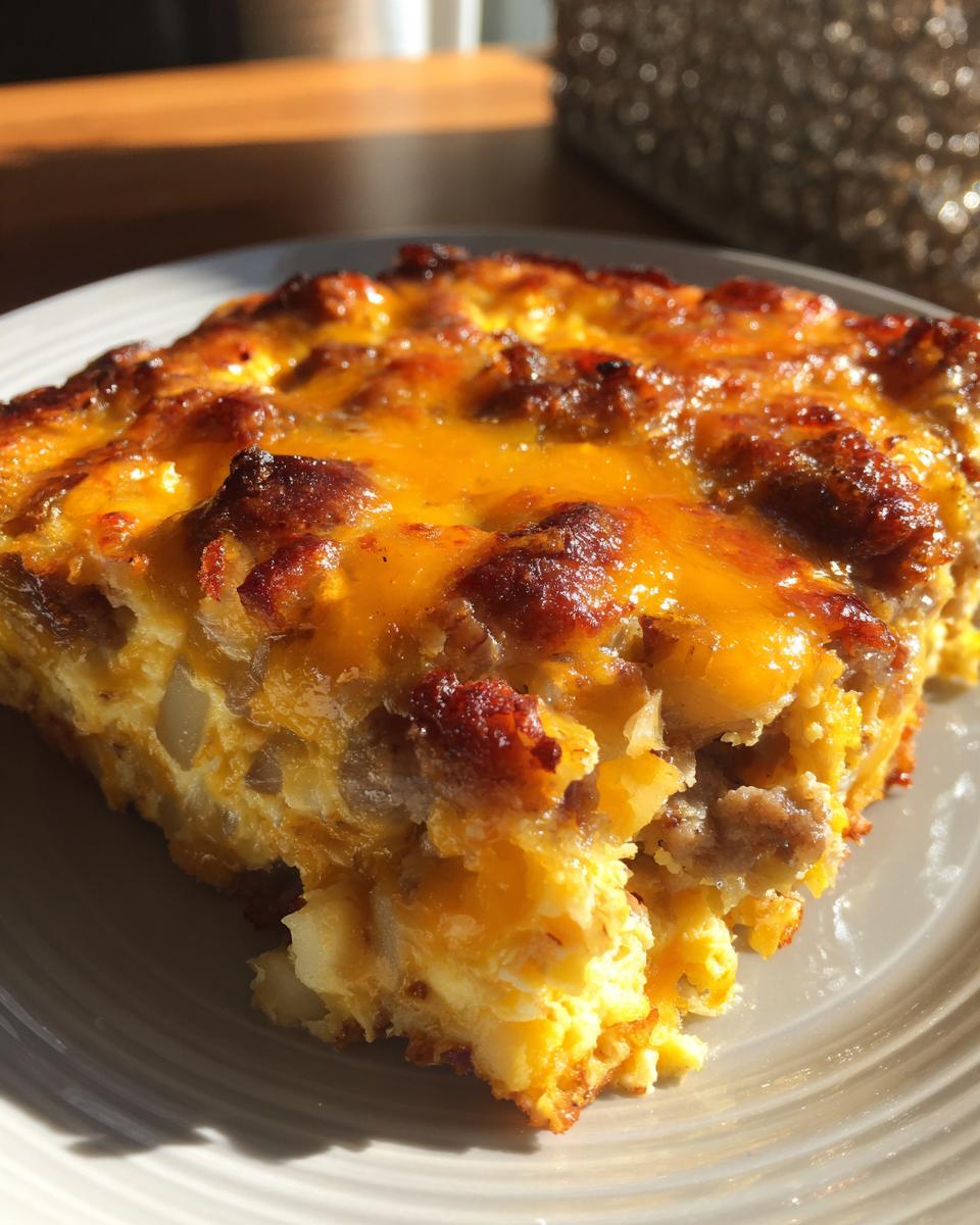 Een plak Cheesy Sausage Comfort Casserole op een bord, met gesmolten kaas en worst.