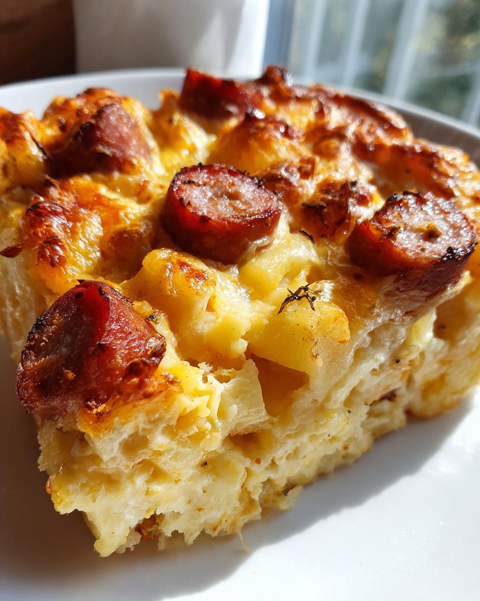 Een plak Cheesy Sausage Comfort Casserole op een wit bord, met gegrilde worstschijfjes en gesmolten kaas.
