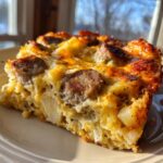 Een close-up van een stuk Cheesy Sausage Comfort Casserole op een bord, met zichtbare worstschijfjes en aardappelblokjes.