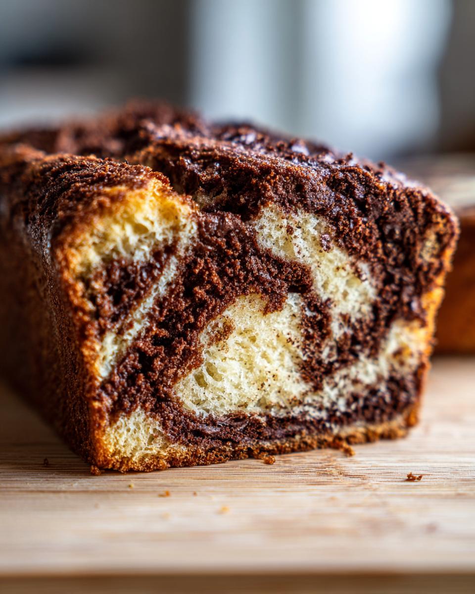 Een close-up van een heerlijk Chocolade Marmer Brood, met zichtbare marmerpatronen van chocolade en deeg.