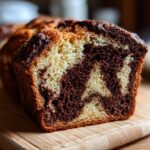 Close-up van een versgebakken Chocolade Marmer Brood op een houten plank, met duidelijke marmerpatronen.