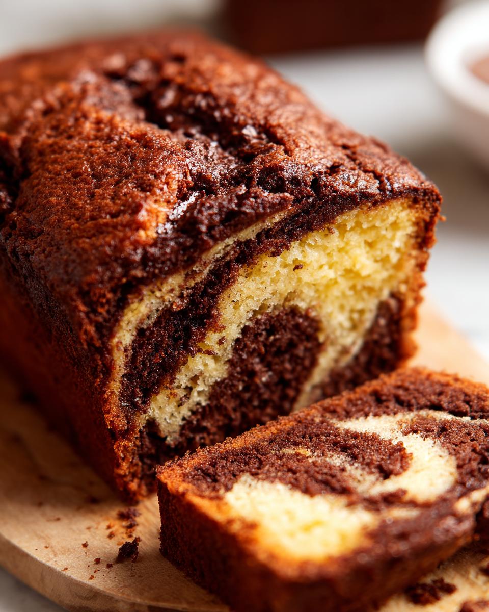 Close-up van een gesneden Chocolade Marmer Brood met een mooie marmering van chocolade en vanille.