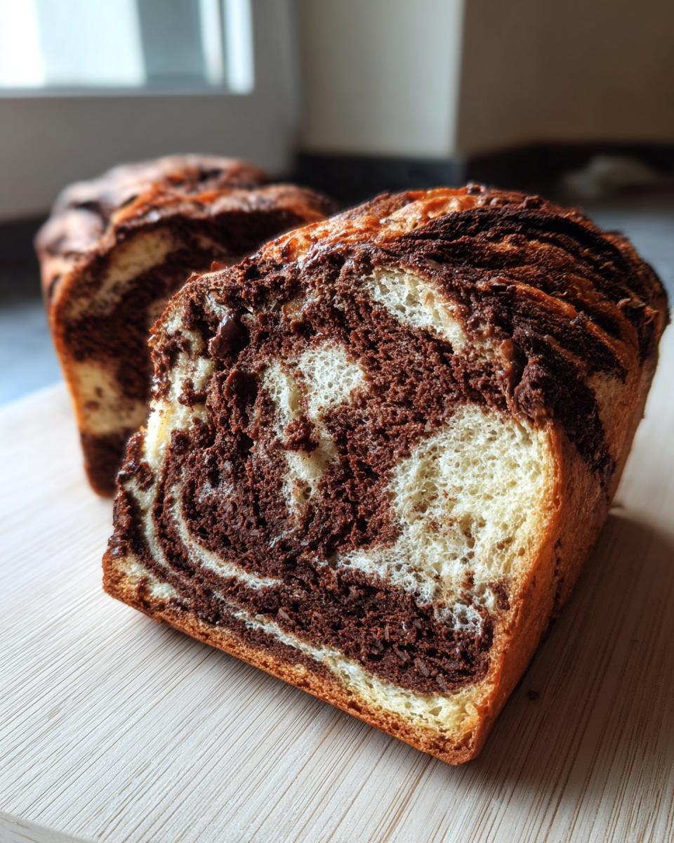 Close-up van een gesneden Chocolade Marmer Brood met mooie marmerpatronen van chocolade en deeg.