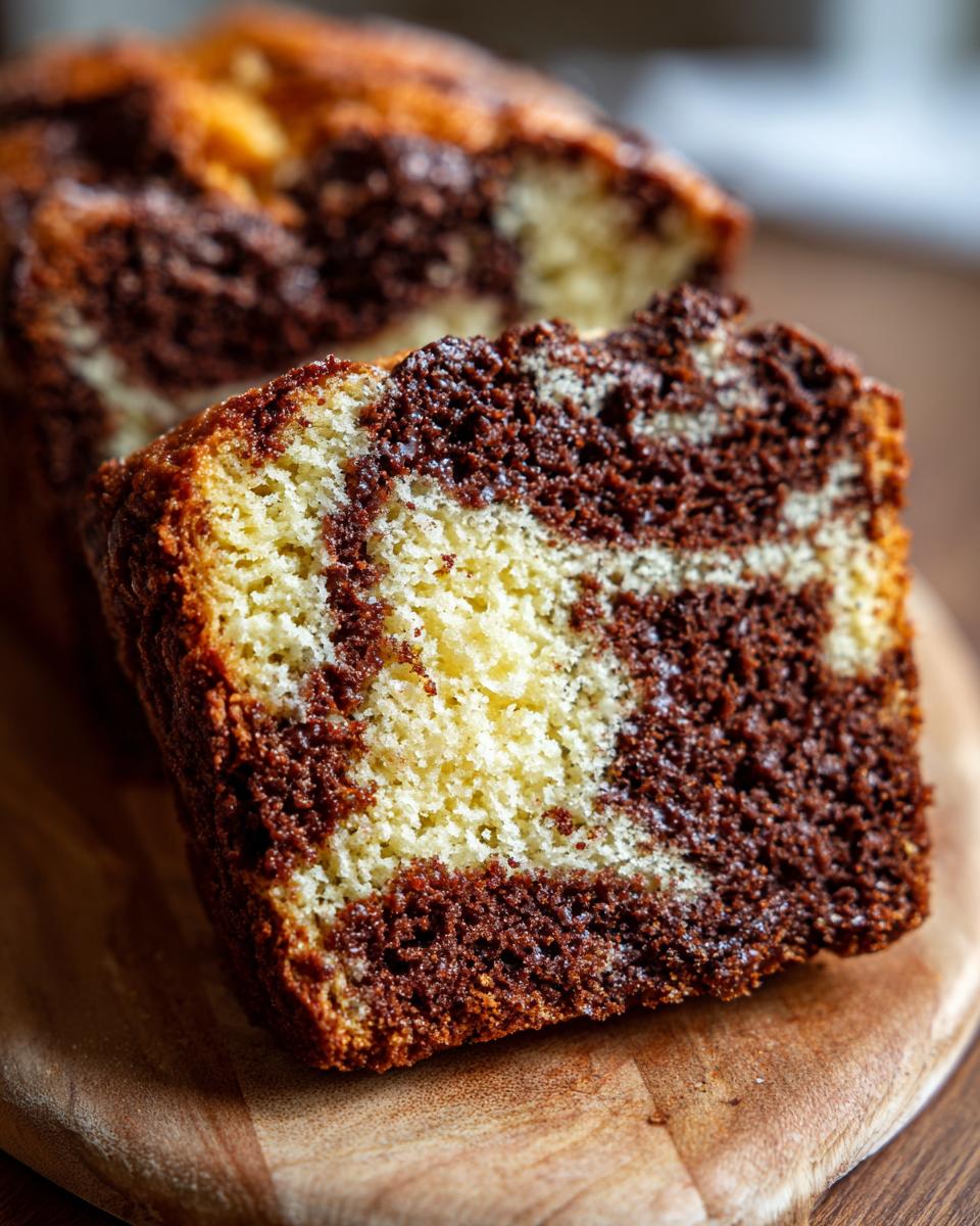 Een close-up van een stuk Chocolade Marmer Brood met een mooie marmering van donkere chocolade en licht deeg.