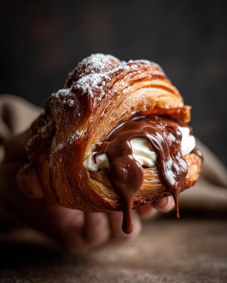 A close-up of a croissant filled with cream cheese and drizzled with rich chocolate sauce, dusted with powdered sugar.