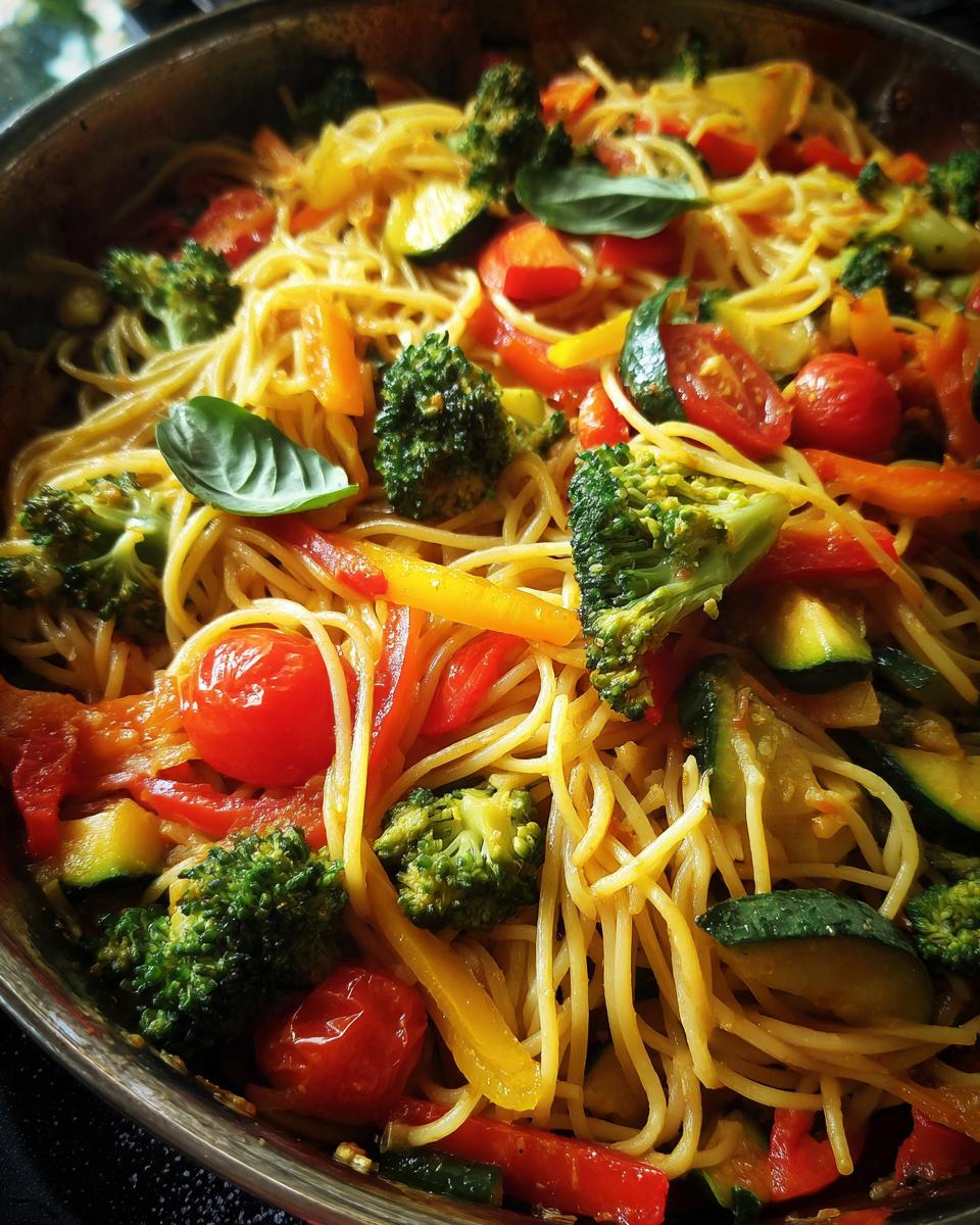 A close-up of a pan filled with colorful and healthy pasta with vegetables, including broccoli, bell peppers, zucchini, and tomatoes.