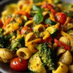 A close-up of a bowl filled with colorful and healthy pasta with vegetables, including broccoli, bell peppers, zucchini, and cherry tomatoes.