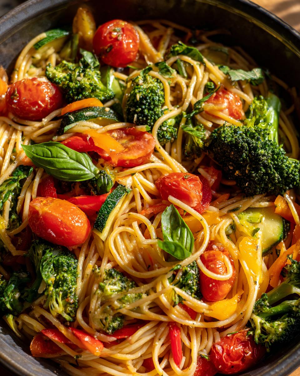Close-up of a bowl of Colorful And Healthy Pasta With Vegetables Recipe Delight, featuring spaghetti, broccoli, cherry tomatoes, zucchini, and bell peppers.