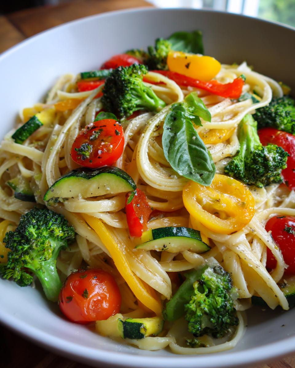 A vibrant bowl of Colorful And Healthy Pasta With Vegetables Recipe Delight, featuring linguine, broccoli, cherry tomatoes, zucchini, and bell peppers.