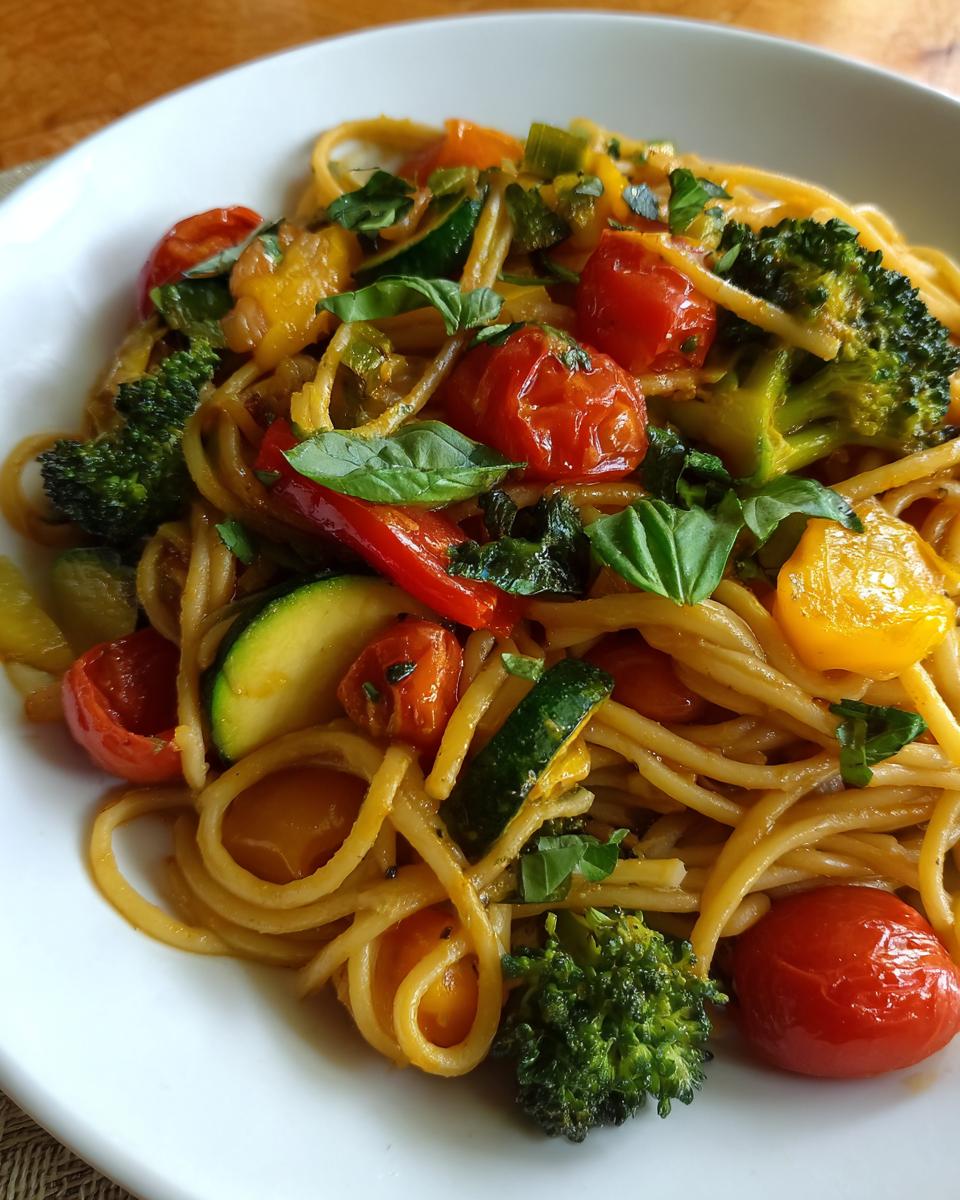 A vibrant plate of Colorful And Healthy Pasta With Vegetables, featuring spaghetti, broccoli, zucchini, cherry tomatoes, and bell peppers.