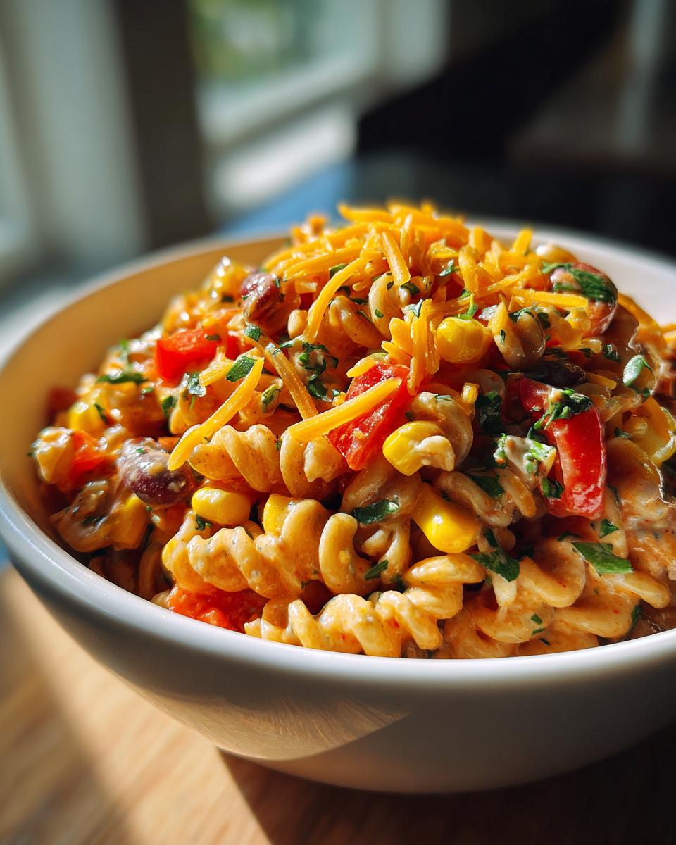 Close-up van een kom Cowboy Pasta Salad met fusilli pasta, maïs, rode paprika, bonen en geraspte kaas.