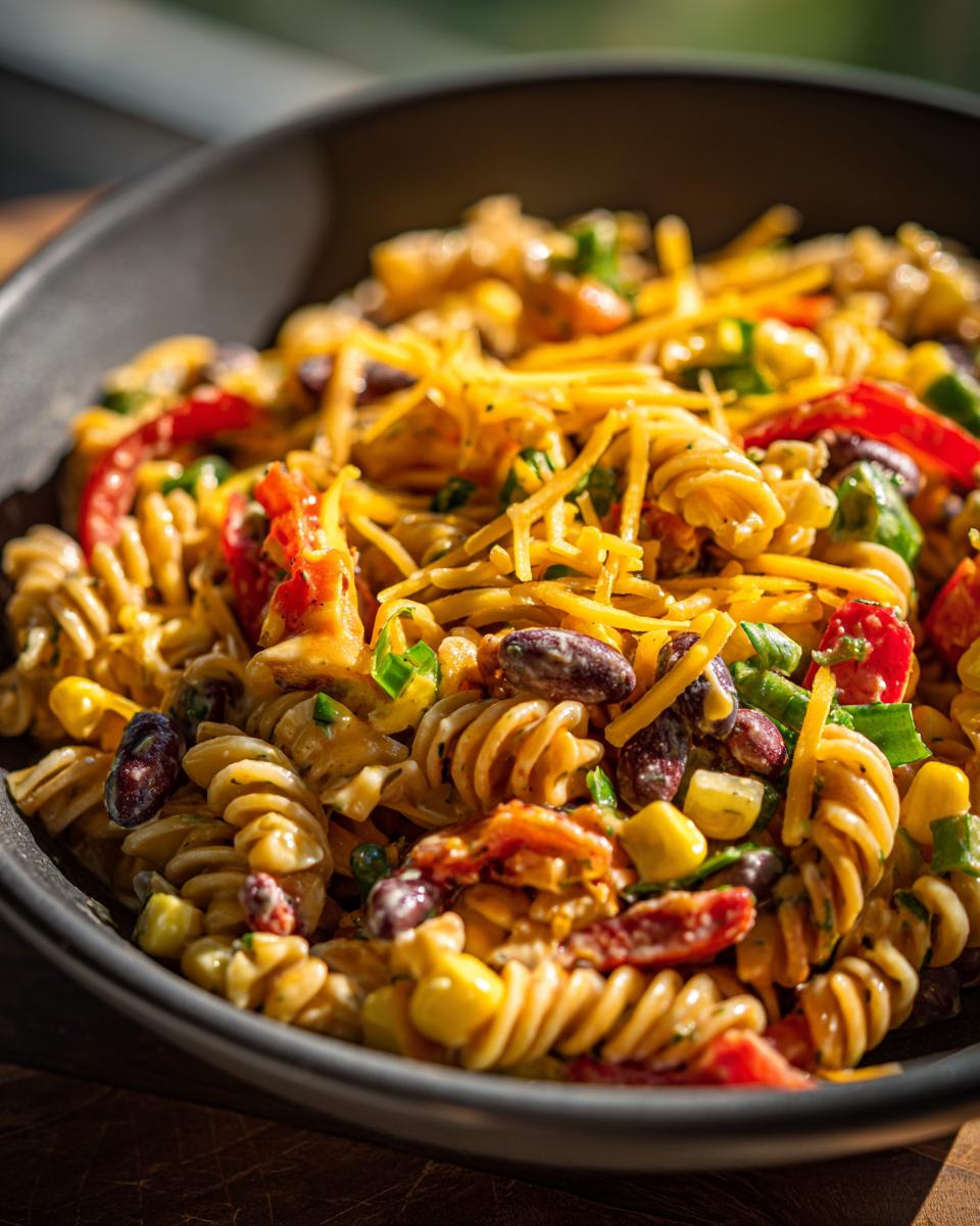 Close-up van een kom Cowboy Pasta Salad met fusilli pasta, kidneybonen, maïs, rode paprika en geraspte kaas.