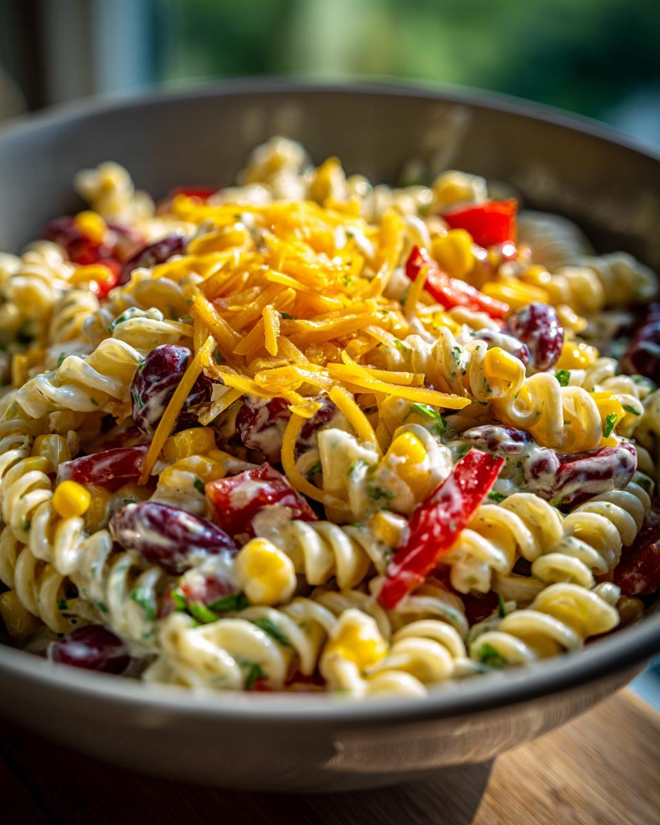 Close-up van een kom met Cowboy Pasta Salad, vol met fusilli pasta, kidneybonen, maïs, rode paprika en geraspte kaas.