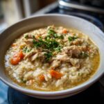 Een kom met romige Crack Chicken and Rice Soup, gegarneerd met kip en peterselie.