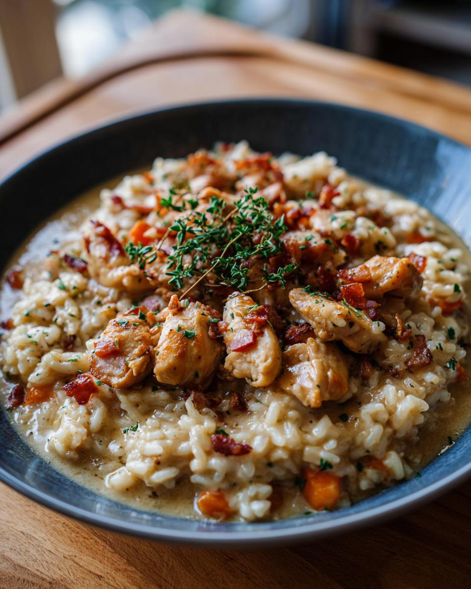 Close-up van een kom Crack Chicken and Rice Soup, gegarneerd met kip, spek en verse kruiden.