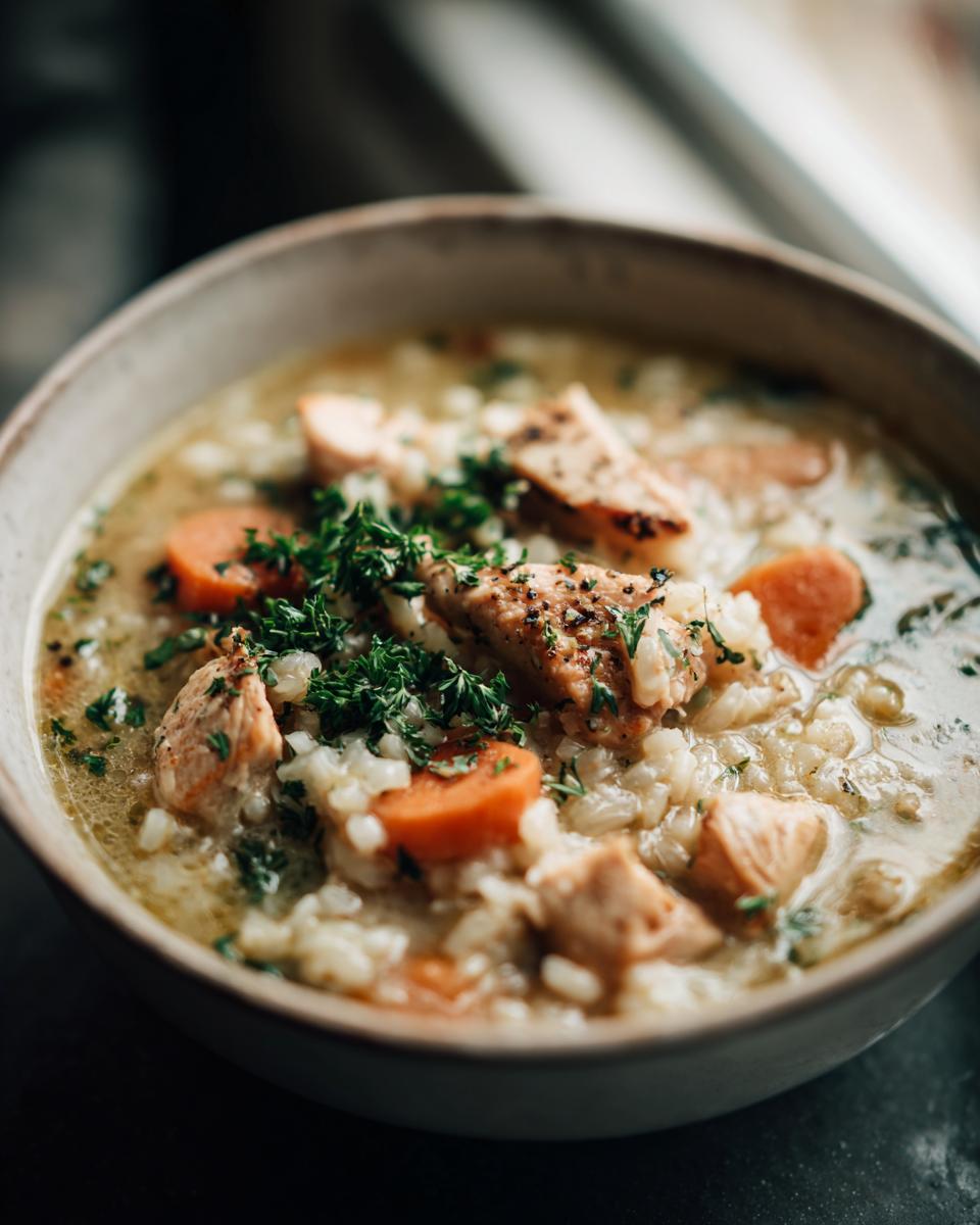 Een kom met heerlijke Crack Chicken and Rice Soup, gegarneerd met peterselie en wortelstukjes.