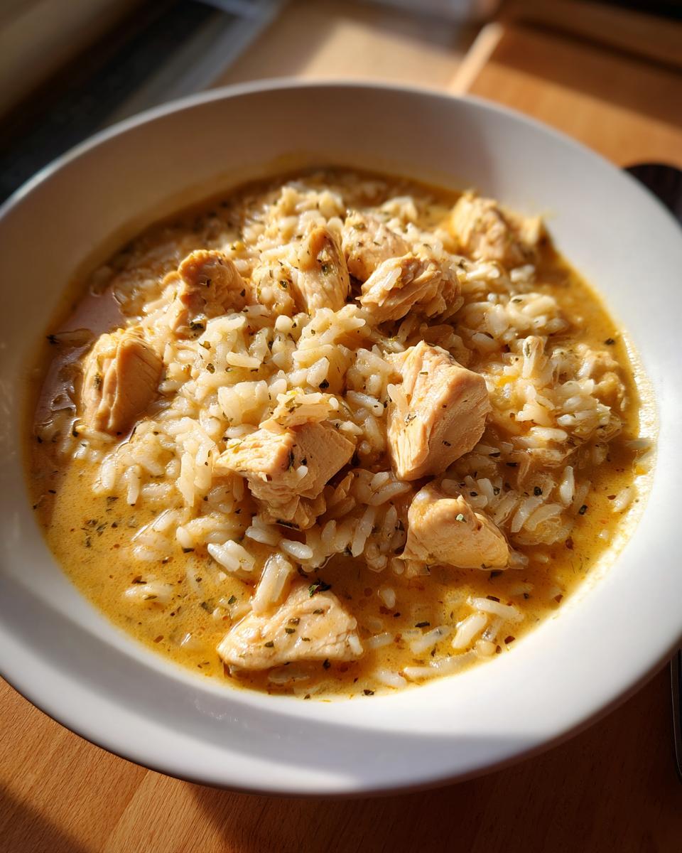 Close-up van een kom Crack Chicken and Rice Soup met stukjes kip en rijst in een romige saus.