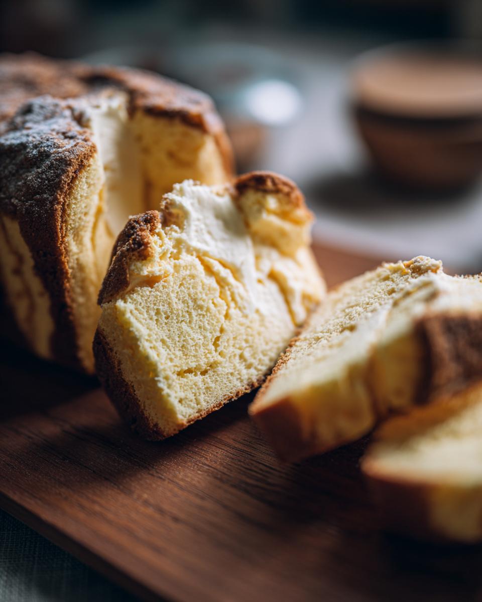 Close-up of sliced cream cheese cake with a fluffy texture, dusted with powdered sugar.