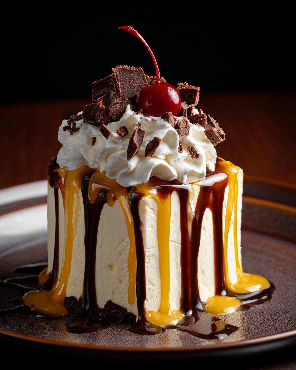 A rich cream cheese dessert topped with whipped cream, chocolate shavings, a cherry, and drizzled with caramel and chocolate sauce.