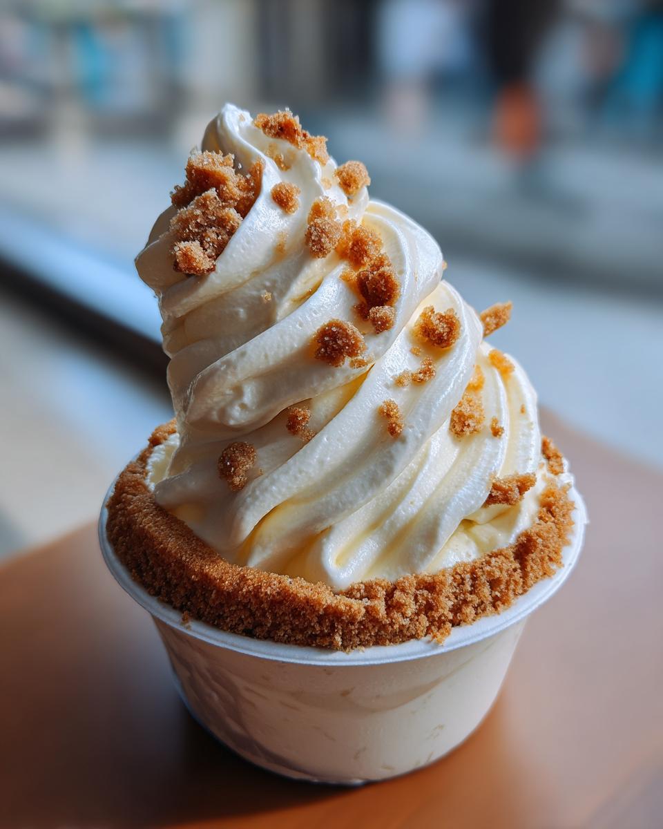 A swirl of creamy soft serve ice cream topped with brown crumbles, served in a cup with a graham cracker crust.
