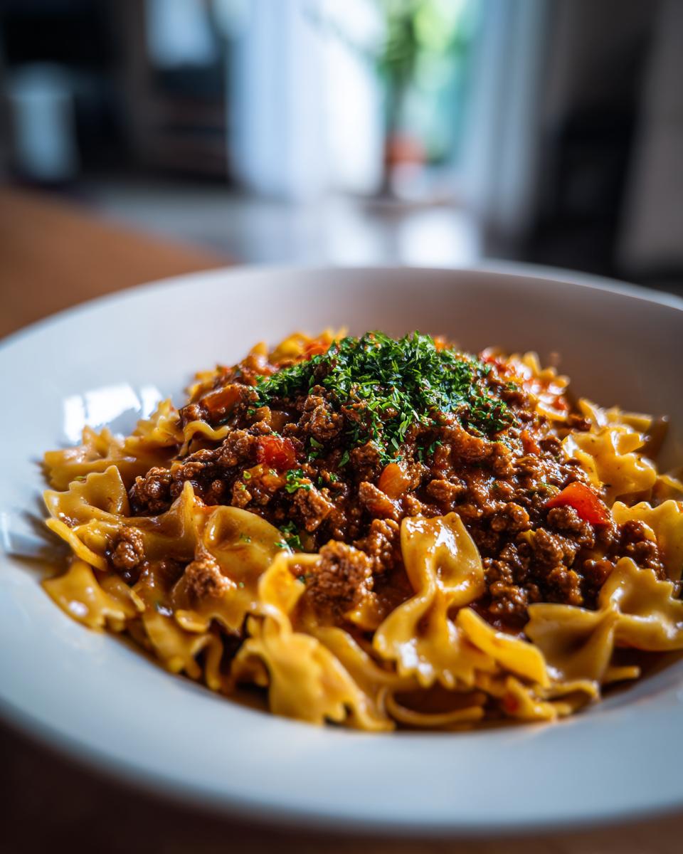 Close-up van romige Cajun cheesy bowtie pasta met rundvlees, gegarneerd met verse peterselie.