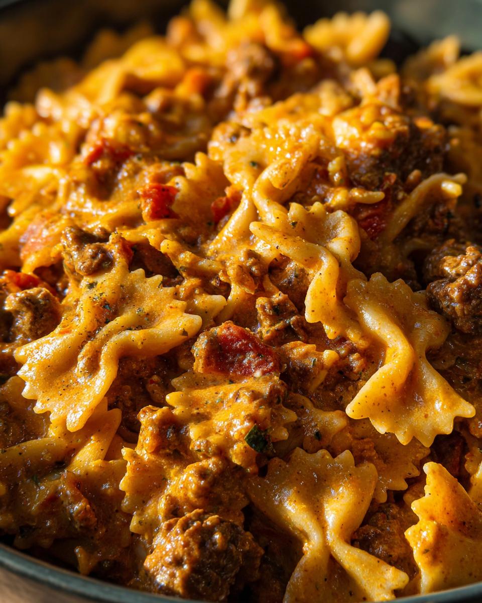 Close-up van romige Cajun cheesy bowtie pasta met rundvlees, vol van smaak en textuur.