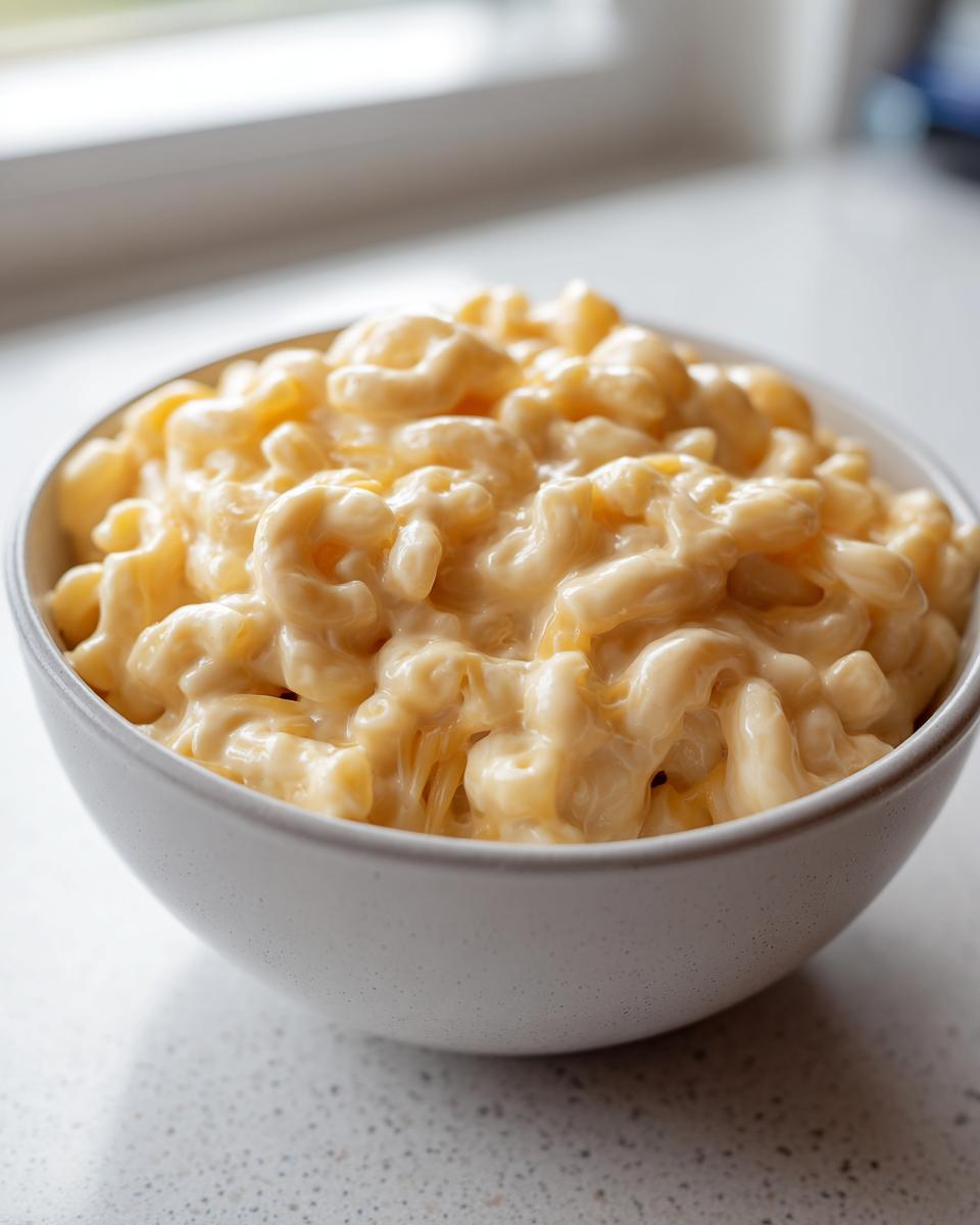 A bowl overflowing with creamy cottage cheese mac and cheese, showing the cheesy pasta texture.