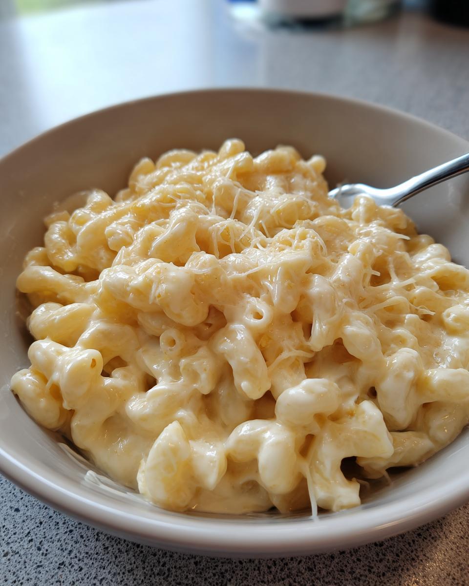 Close-up of a bowl filled with creamy cottage cheese mac and cheese, topped with shredded cheese.