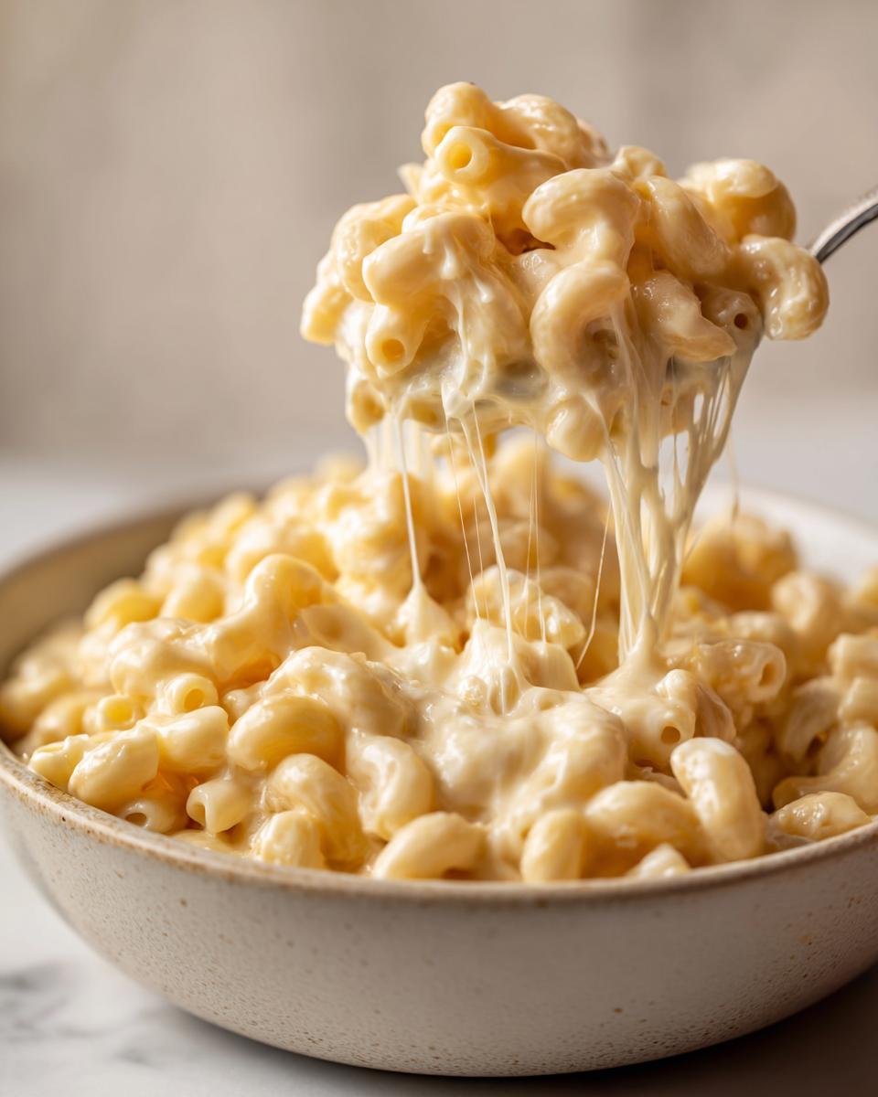 A spoonful of creamy cottage cheese mac and cheese, with long strands of melted cheese stretching from the bowl.
