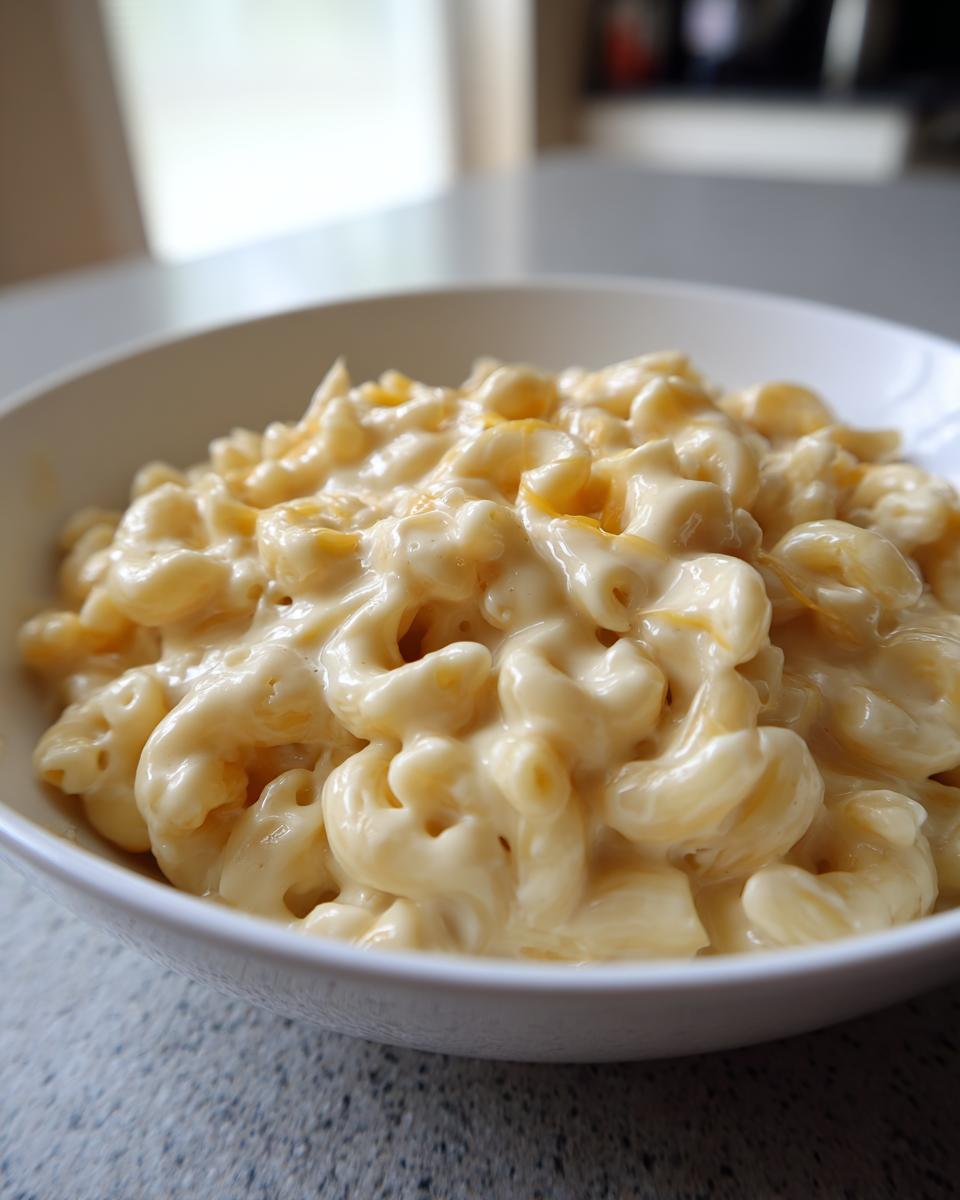 A close-up of a bowl filled with creamy cottage cheese mac and cheese, showing the cheesy pasta.