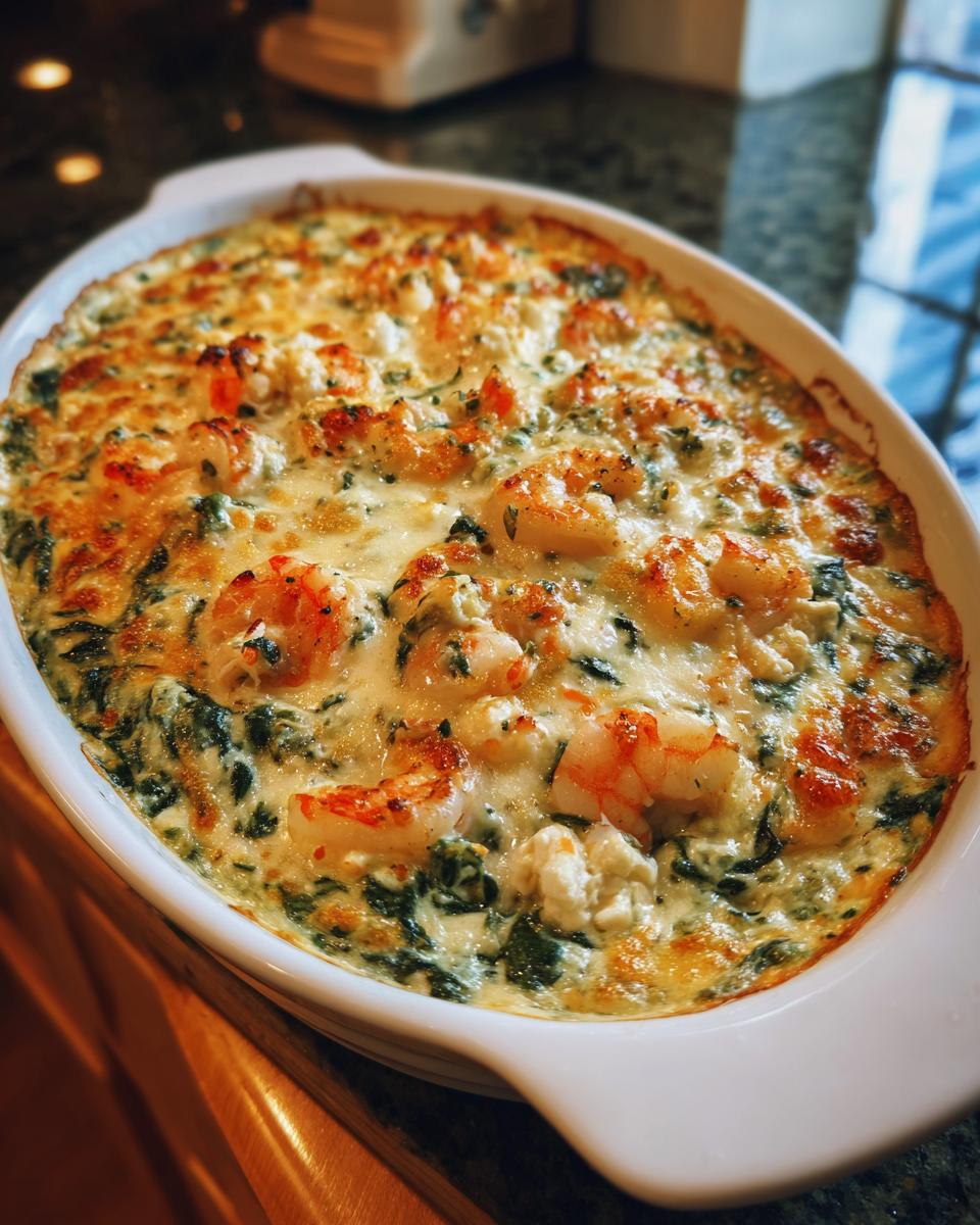 Gegratineerde Creamy Shrimp and Crab Spinach Dip in een witte ovenschotel, met garnalen en spinazie.