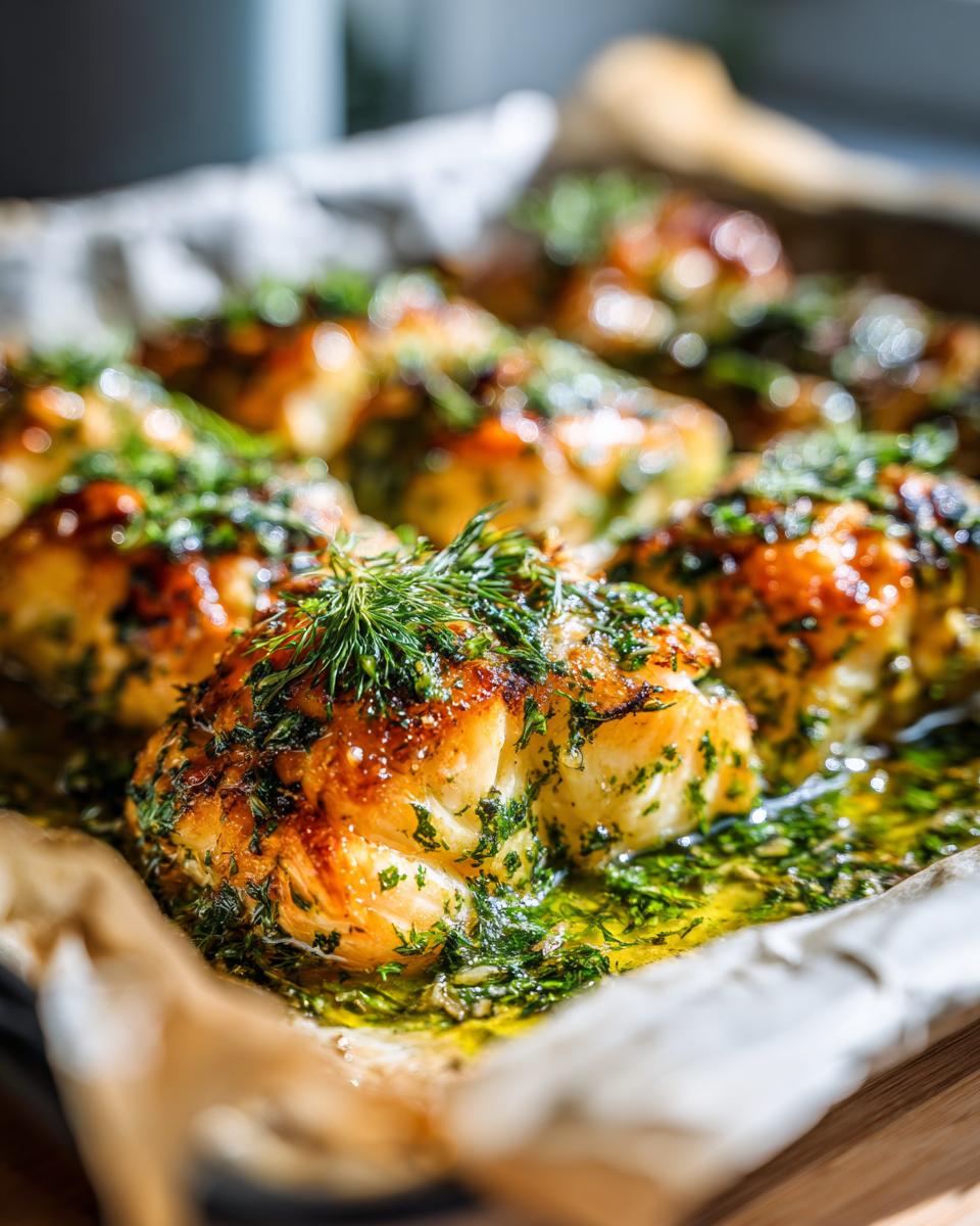 Close-up of crispy baked fish fillets topped with fresh herbs and lemon herb sauce.