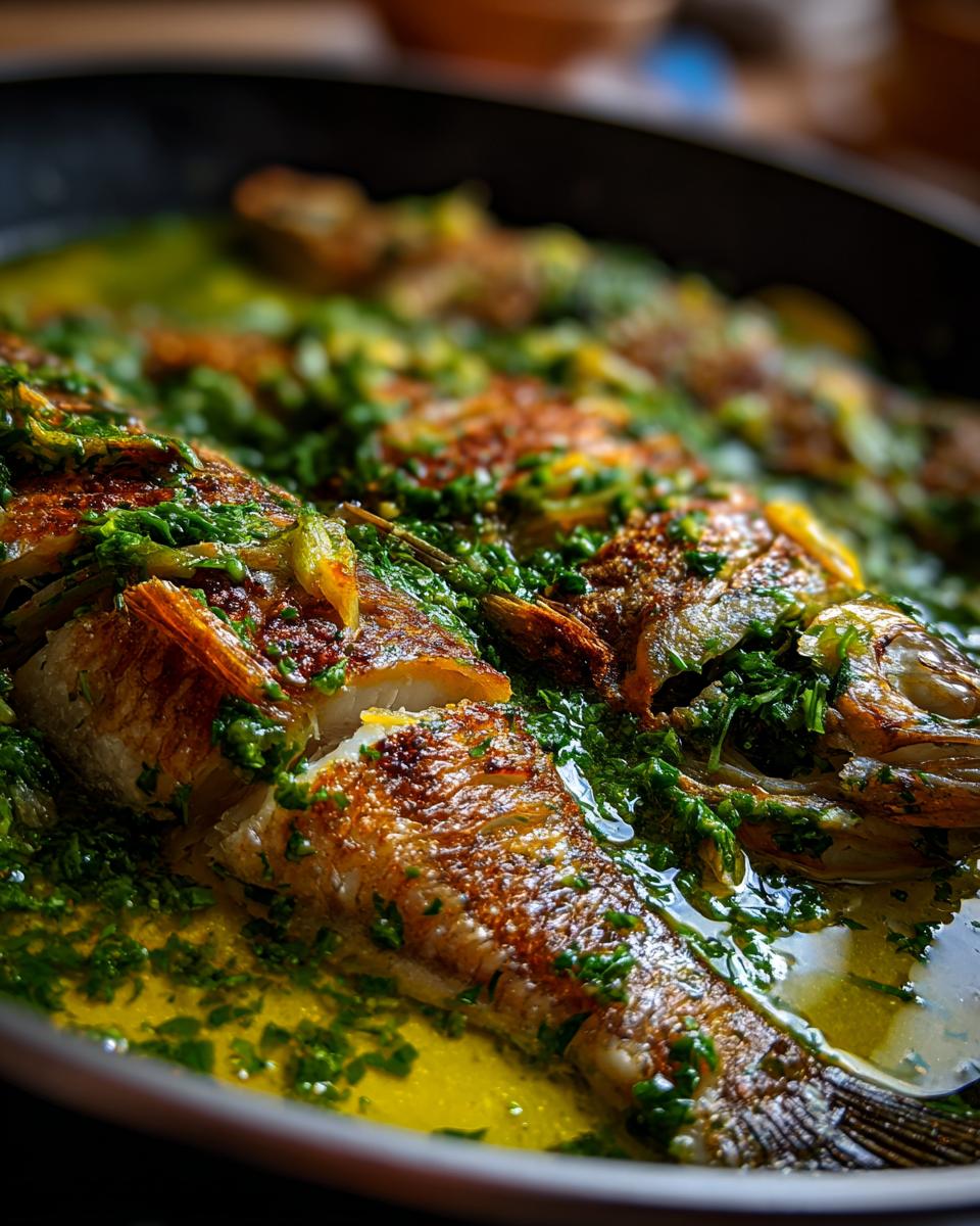 Close-up of crispy baked fish topped with vibrant lemon herb sauce in a pan.