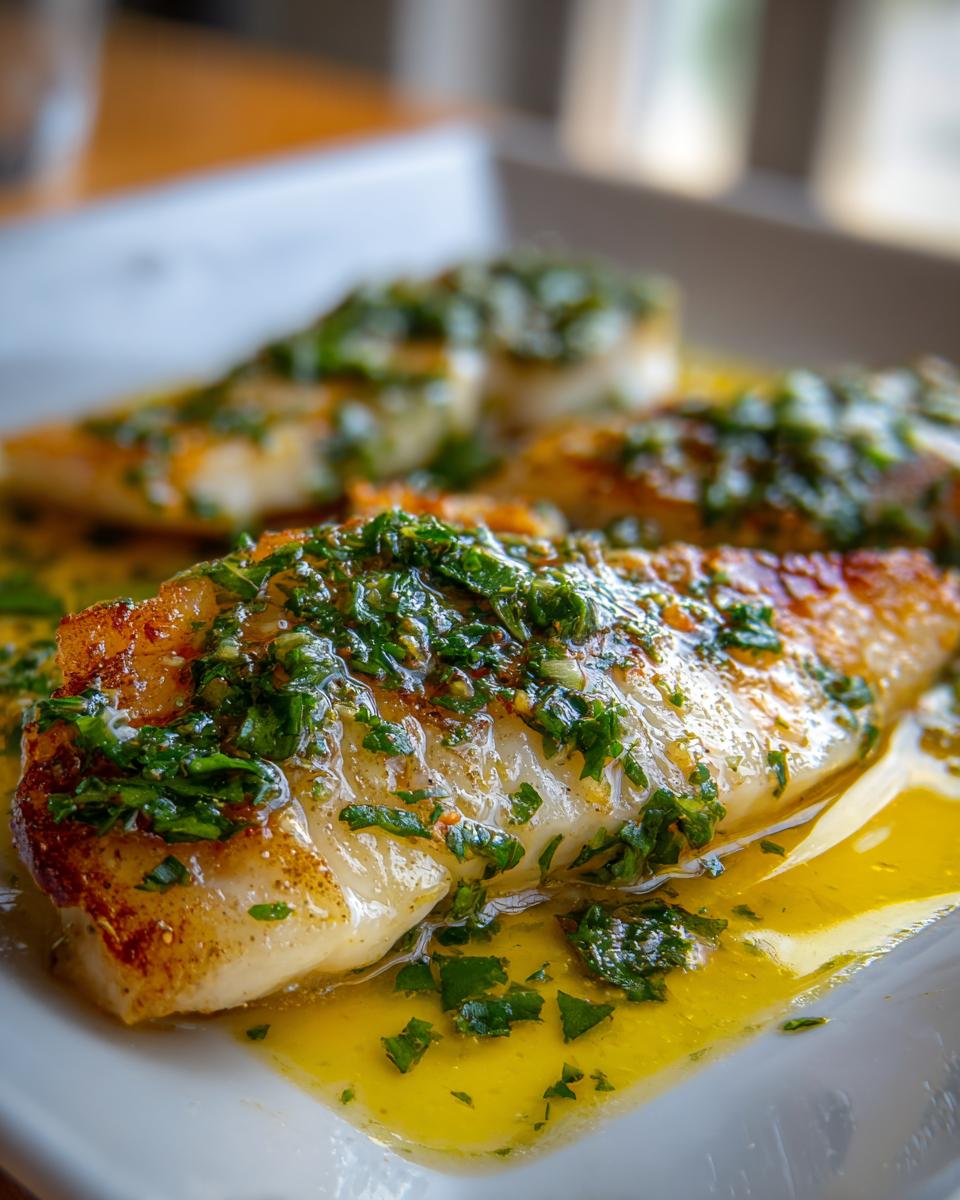 Close-up of crispy baked fish fillets topped with a vibrant lemon herb sauce.