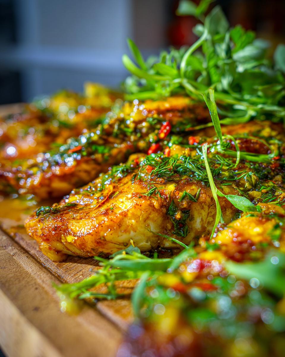 Close-up of crispy baked fish fillets topped with a vibrant lemon herb sauce and fresh greens.