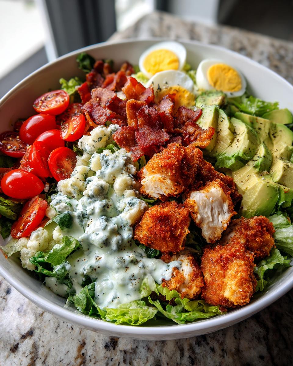 A large bowl of Crispy Chicken Cobb Salad With Garlic Ranch Delight, featuring crispy chicken, bacon, avocado, tomatoes, blue cheese, and hard-boiled eggs.