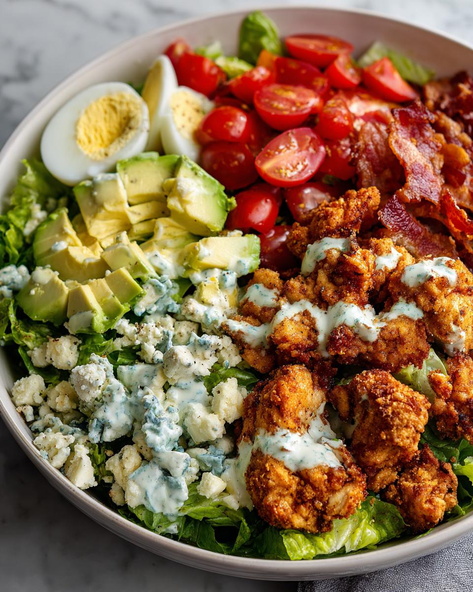 A close-up of a Crispy Chicken Cobb Salad With Garlic Ranch Delight, featuring crispy chicken, avocado, eggs, tomatoes, bacon, and blue cheese.