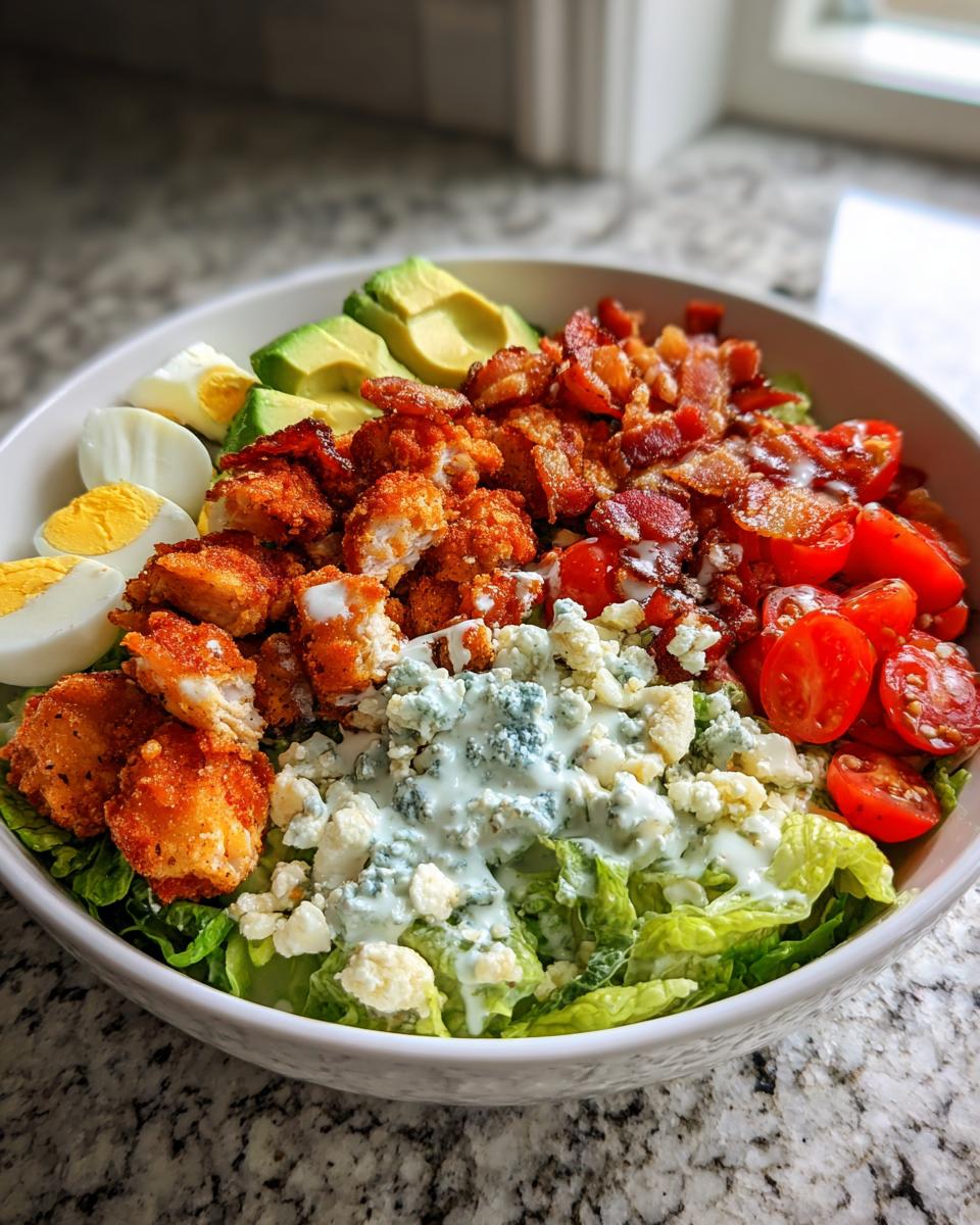 A bowl of Crispy Chicken Cobb Salad With Garlic Ranch Delight, featuring lettuce, chicken, bacon, eggs, avocado, tomatoes, and blue cheese.